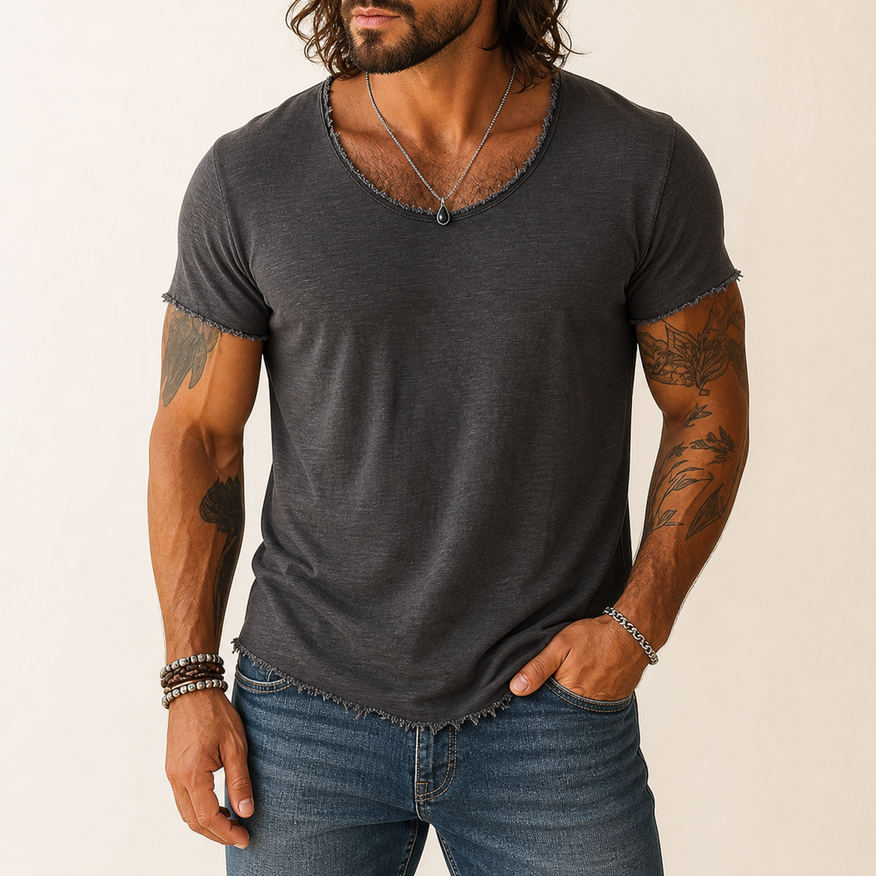Charcoal raw-edge V-neck tee