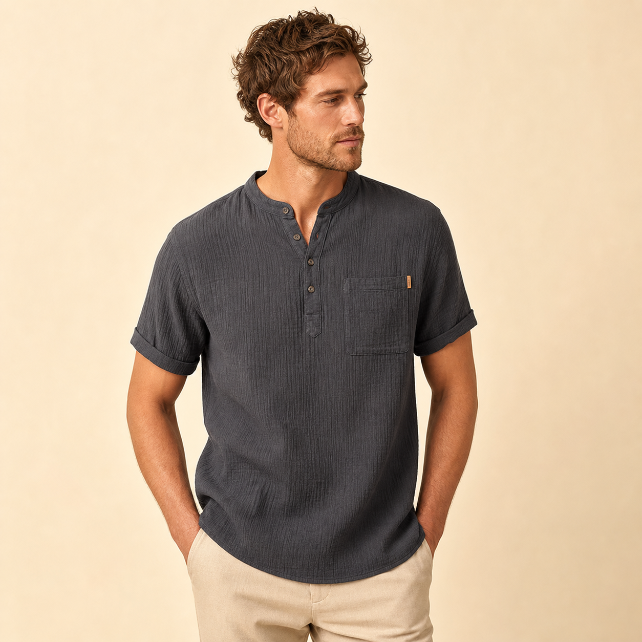 Charcoal men's short sleeve band collar pocket henley shirt