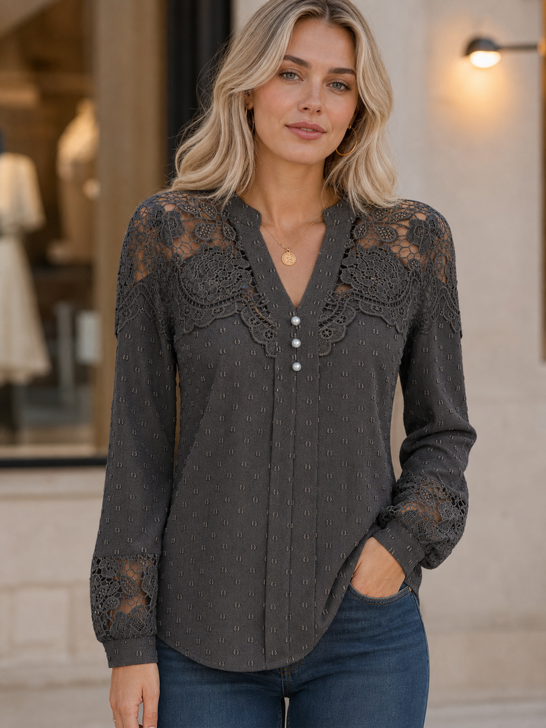 Charcoal Gray women's lace v neck blouse