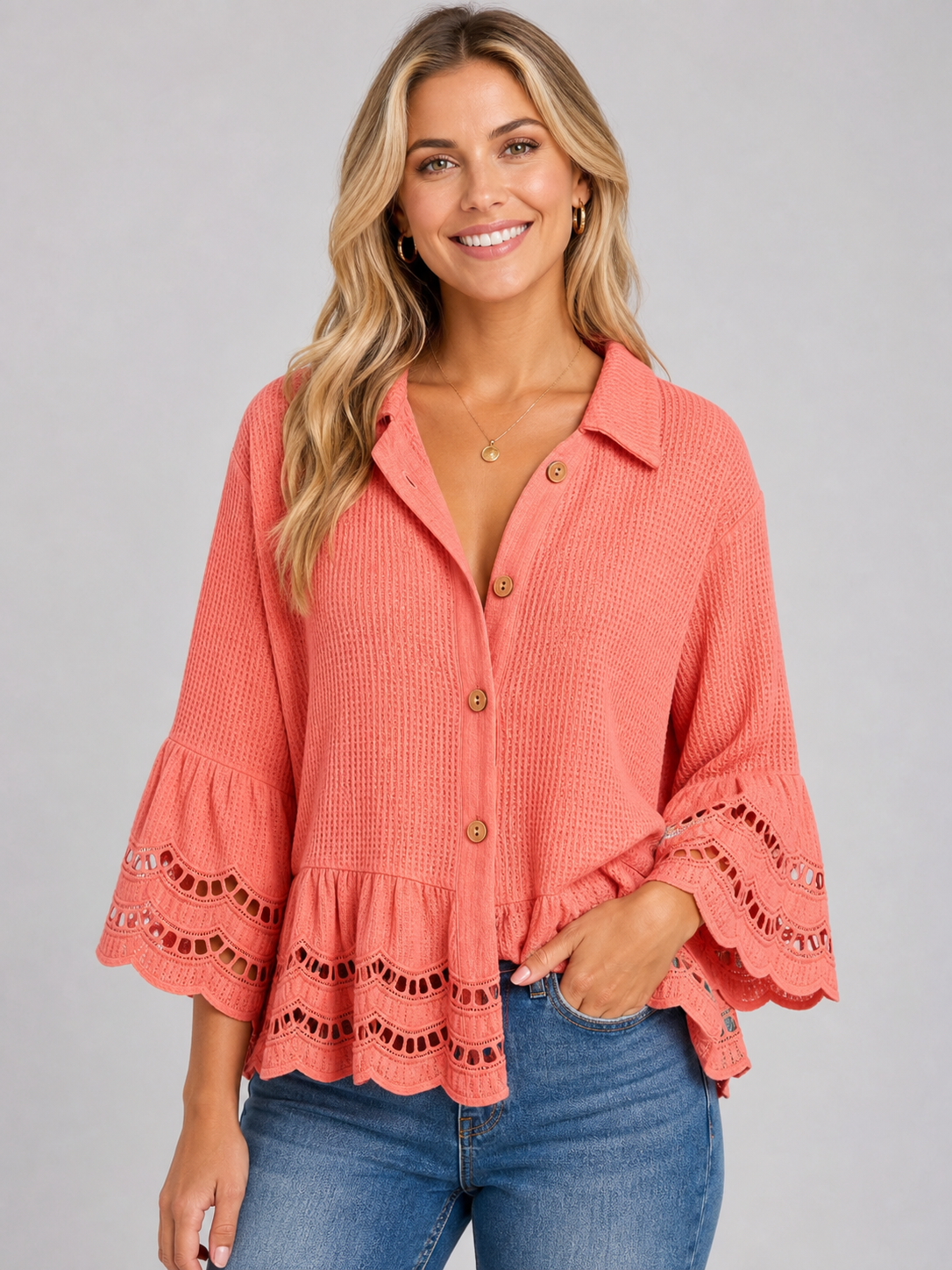Coral women's lace trim button blouse