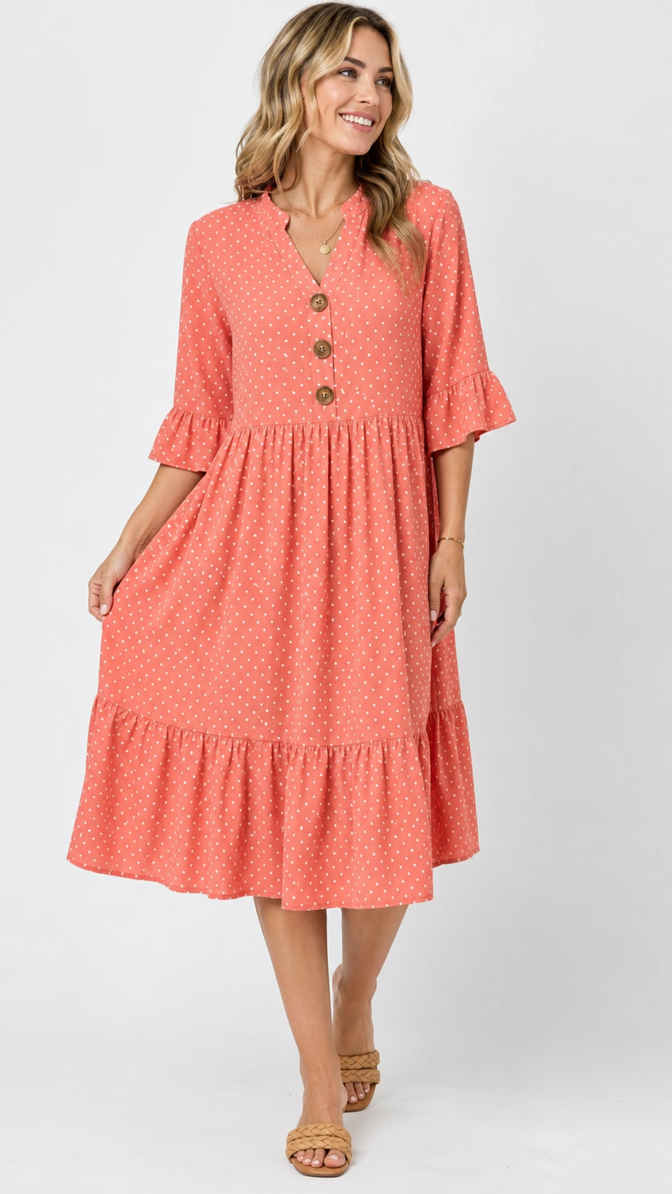 Coral women's polka dot tiered beach dress