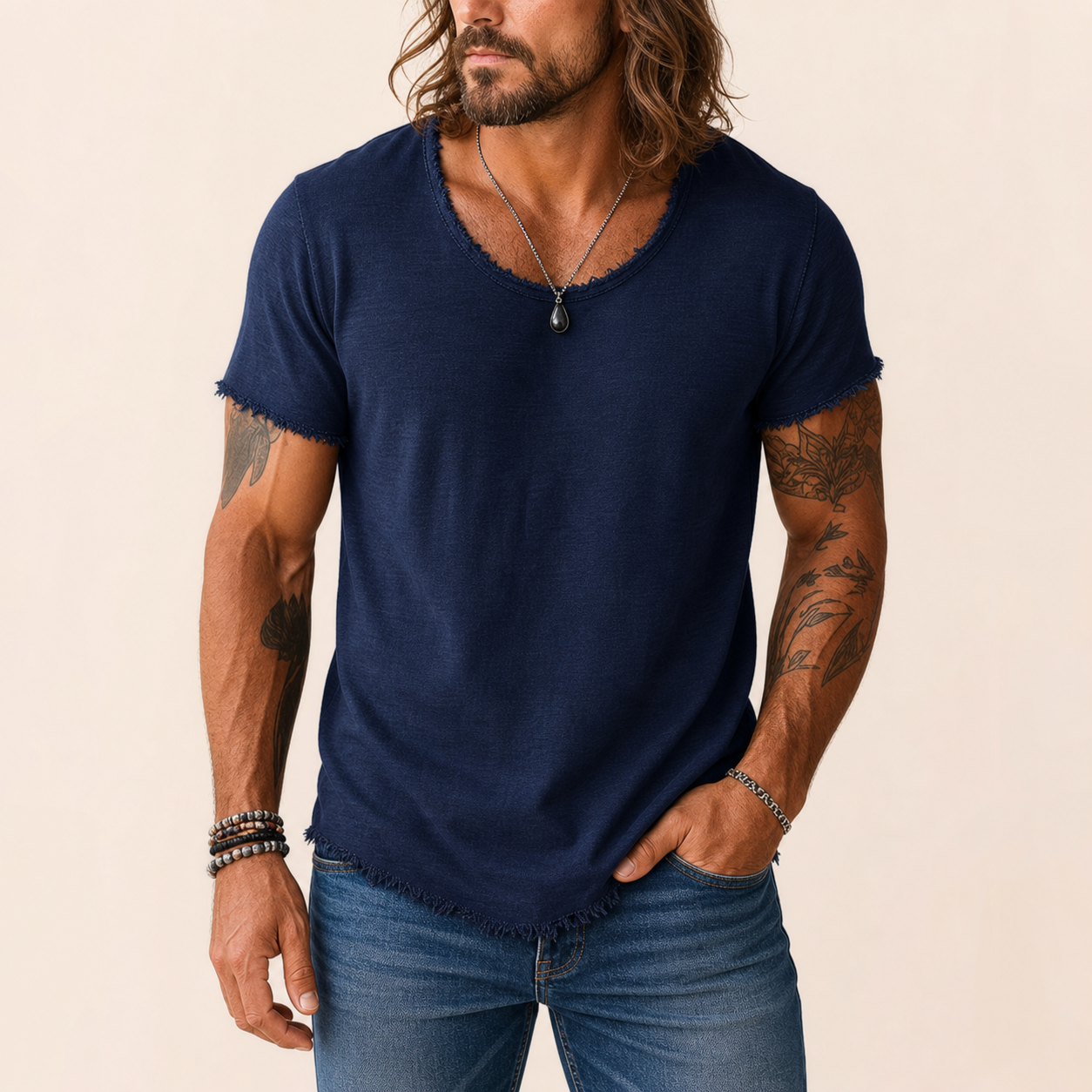 Navy raw-edge V-neck tee