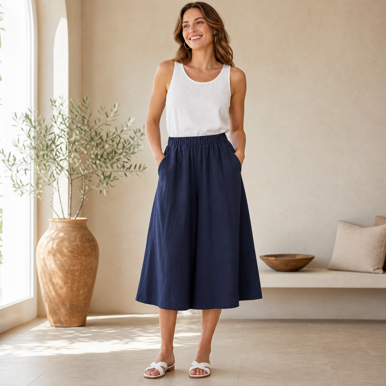 Navy women's high waist wide leg culotte midi skirt