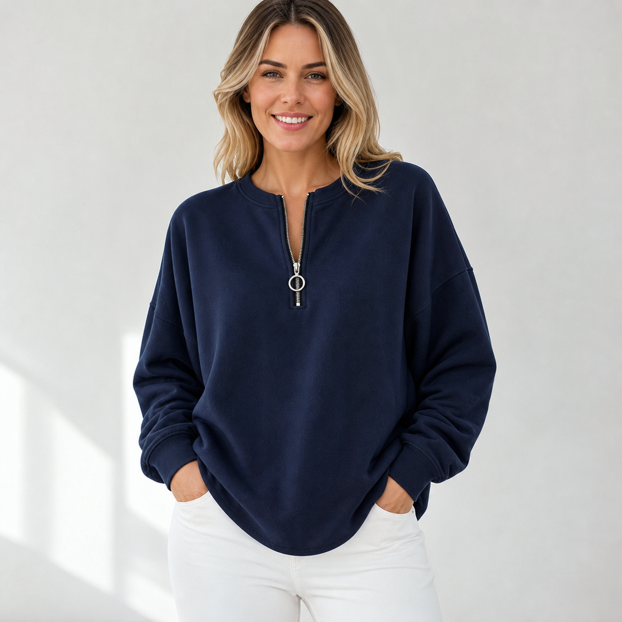 Navy women's oversized half zip pullover