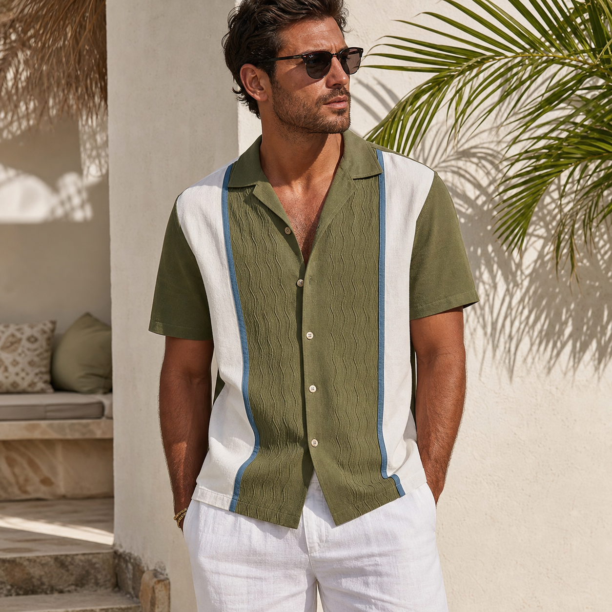 Olive men's short sleeve resort panel shirt