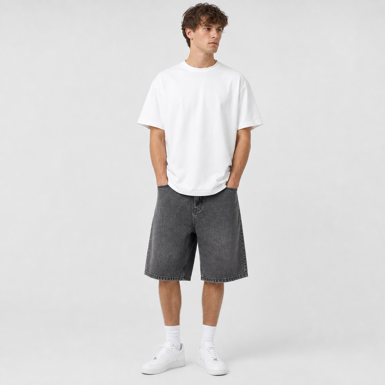 Washed Charcoal men's baggy denim shorts