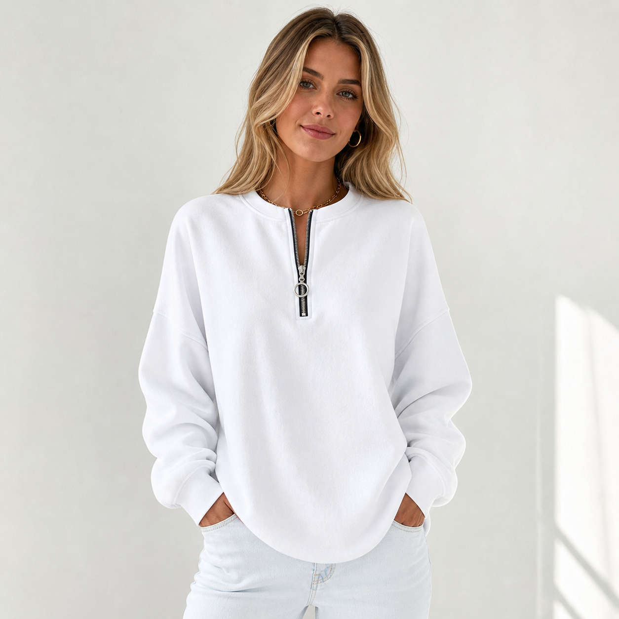 White women's oversized half zip pullover