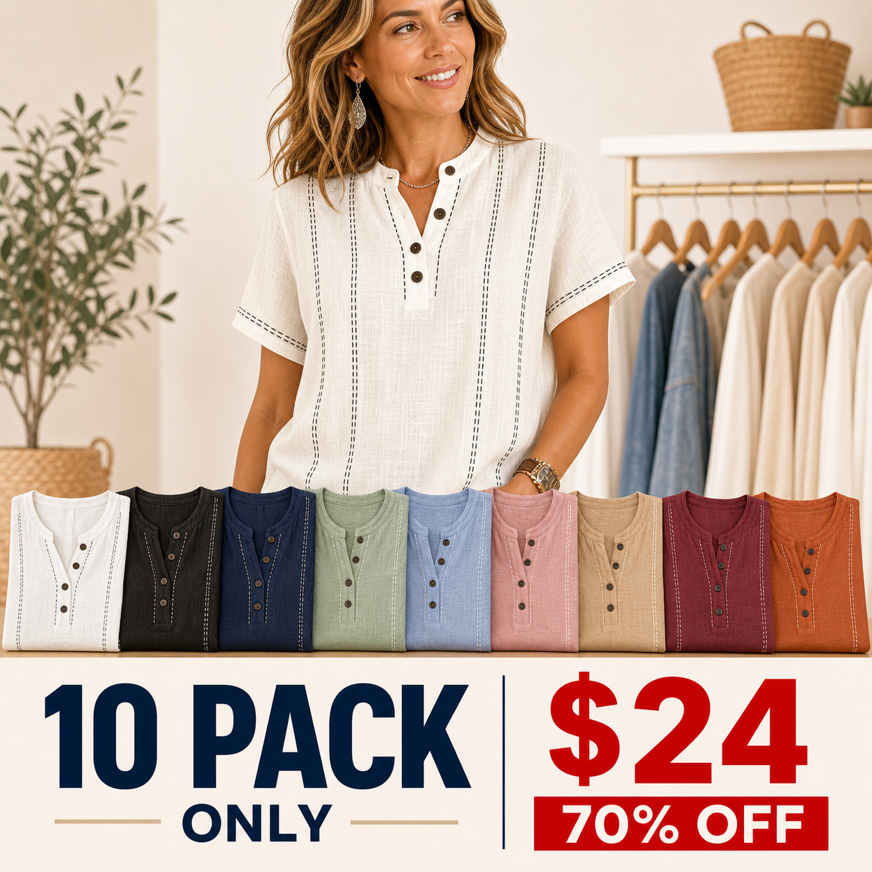 10 pack women's contrast stitch Henley top clearance deal