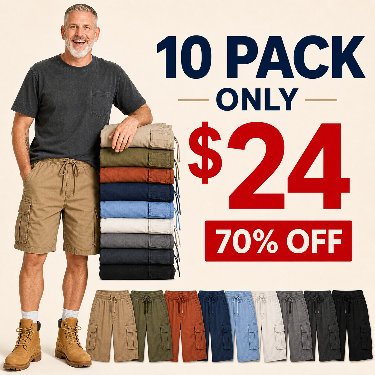 10 pack only 24 dollars men's utility cargo shorts clearance