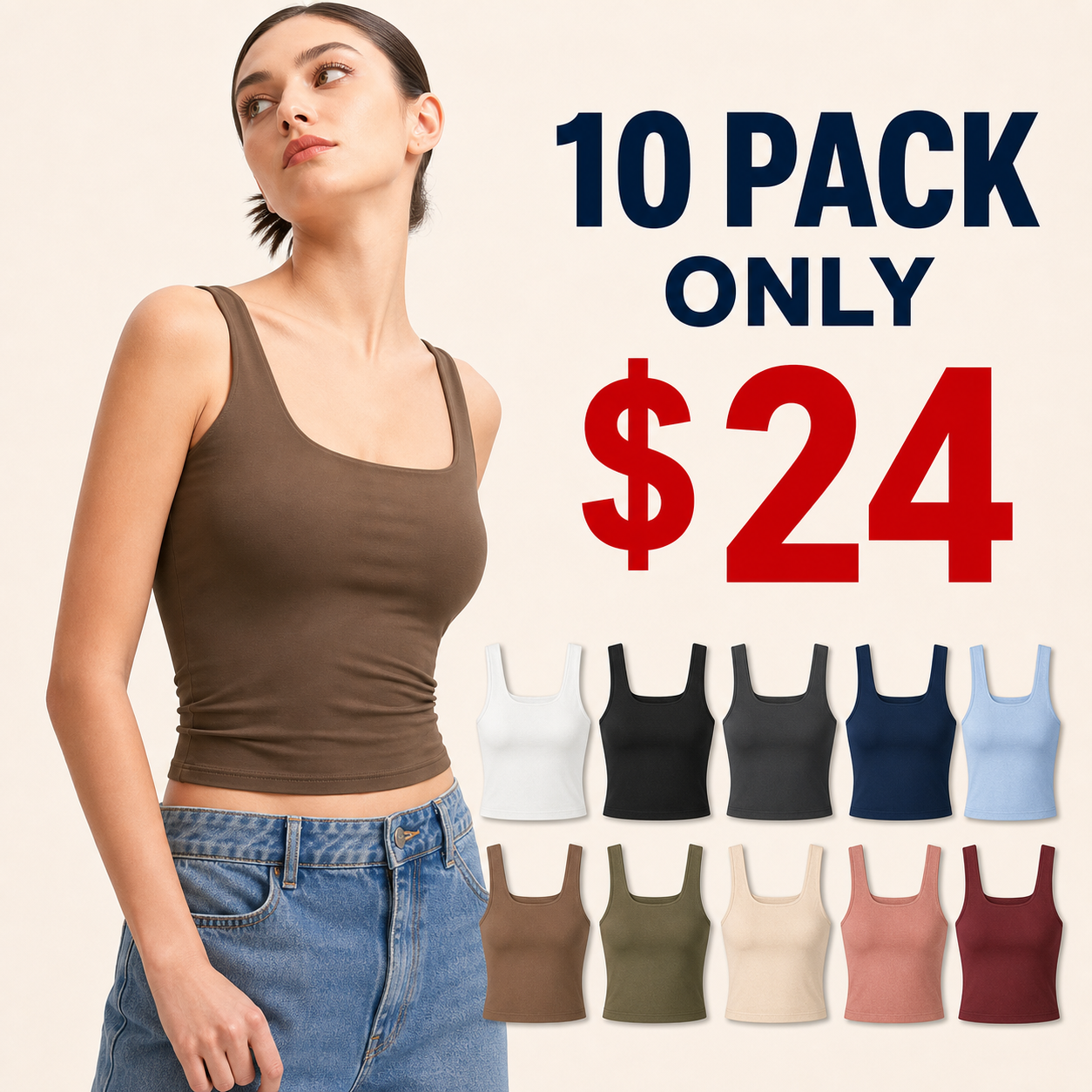 10 pack only 24 dollars square-neck crop tank clearance