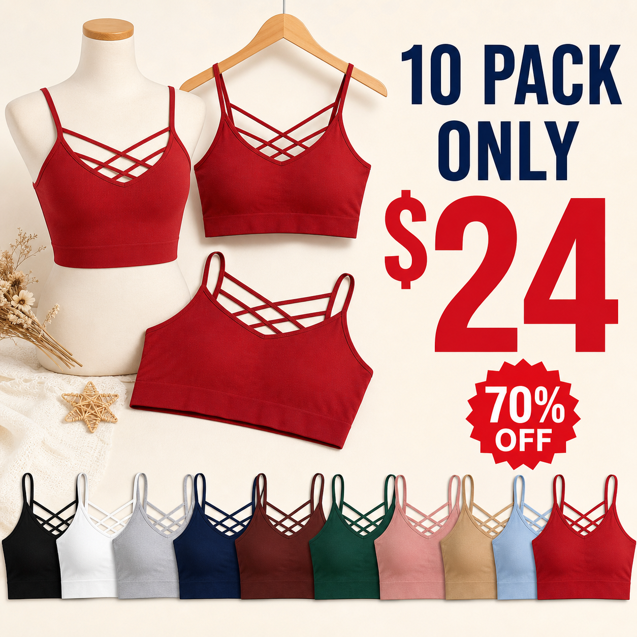 10 pack women's crisscross strappy seamless cami top clearance deal