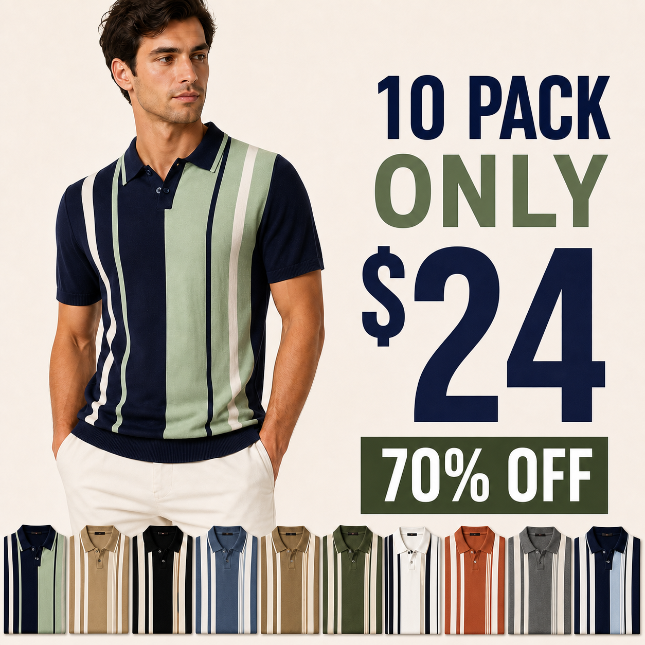10 pack clearance Men's Vertical Stripe Knit Polo Shirt