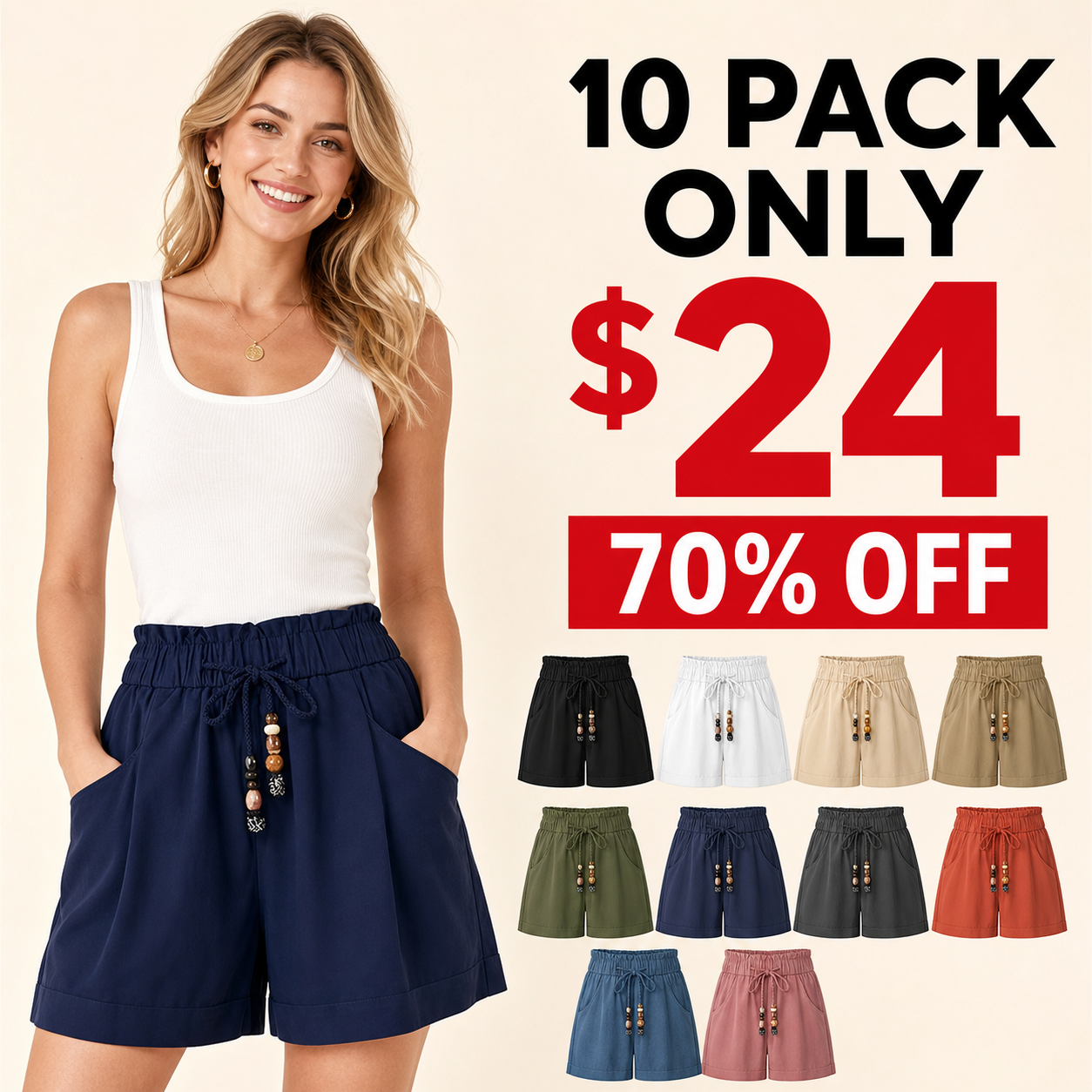 10 pack women's beaded drawstring wide-leg shorts clearance deal