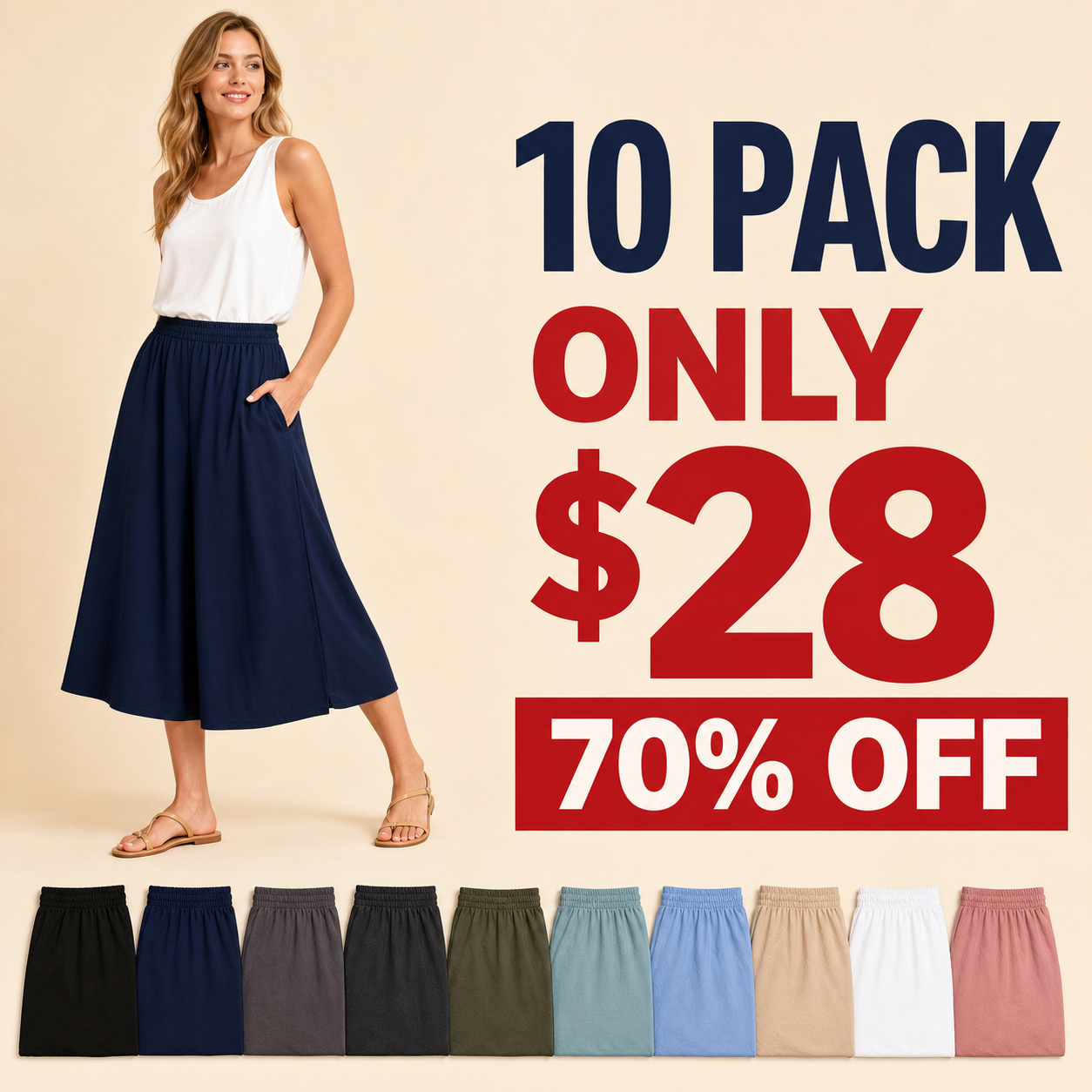 10 pack only 28 dollars women's high waist wide leg culotte midi skirt