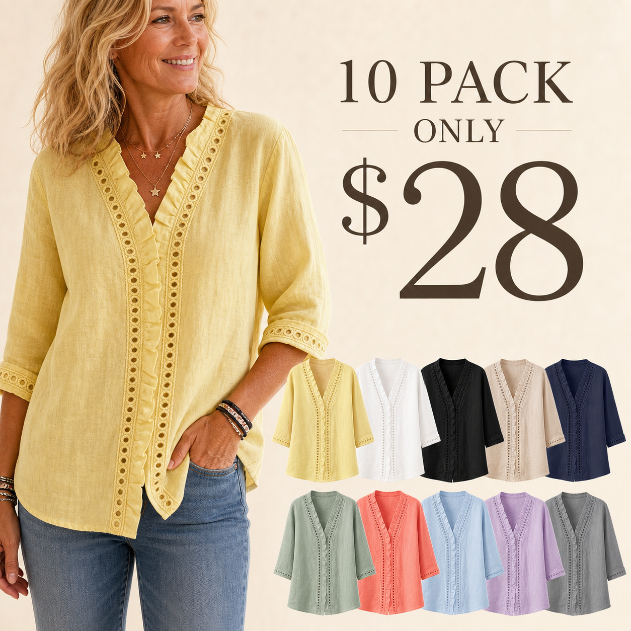 10 pack clearance women's linen lace ruffle V-neck blouse
