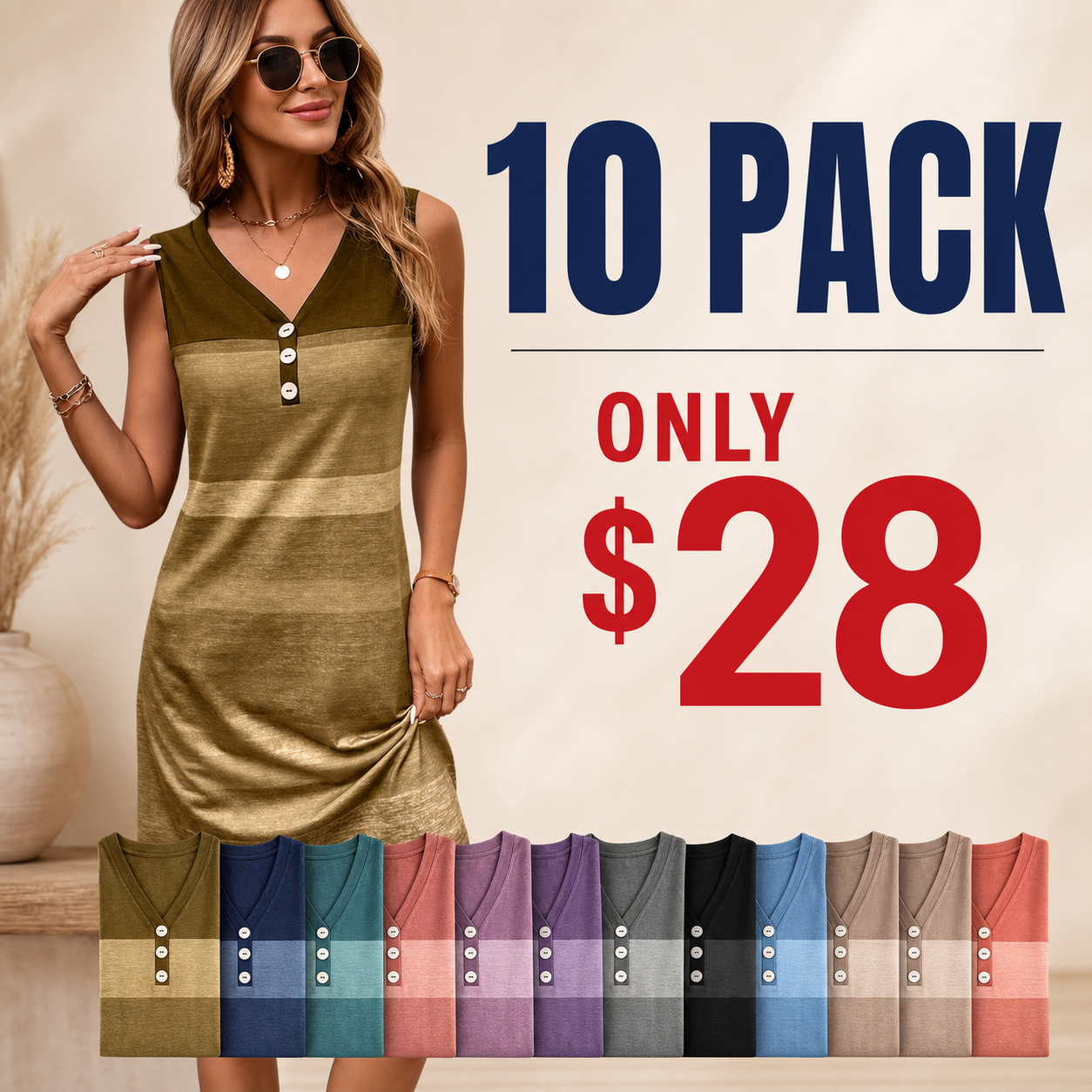 10 pack clearance women's sleeveless colorblock V-neck button dress