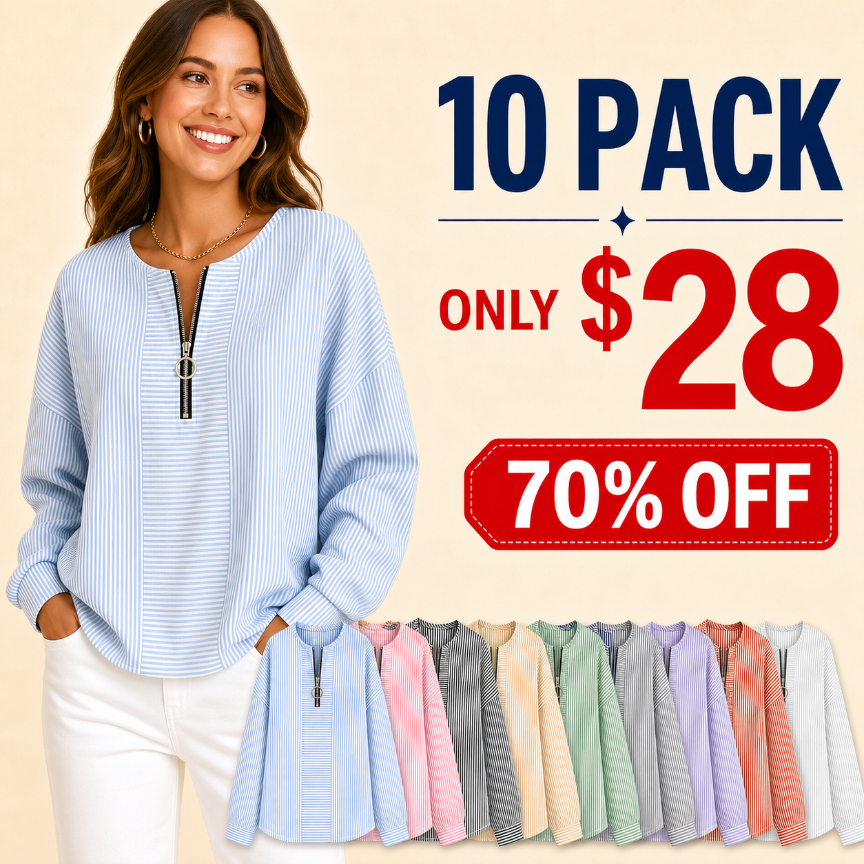 10 pack clearance women's striped zip-neck pullover