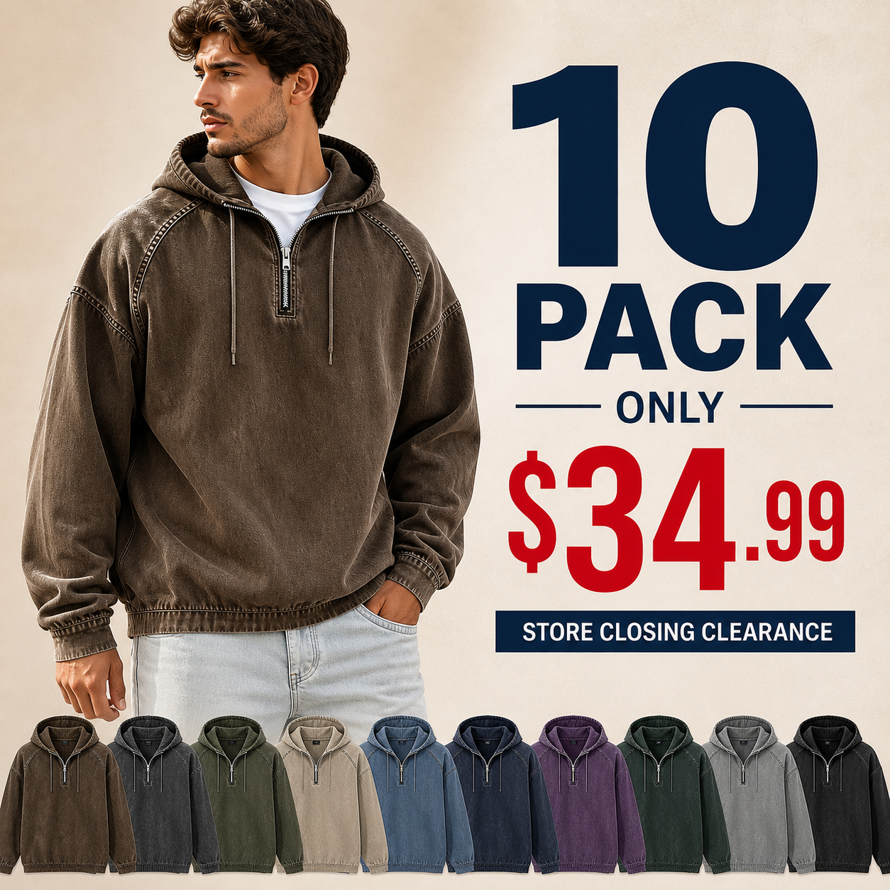 Men's washed hooded half-zip pullover