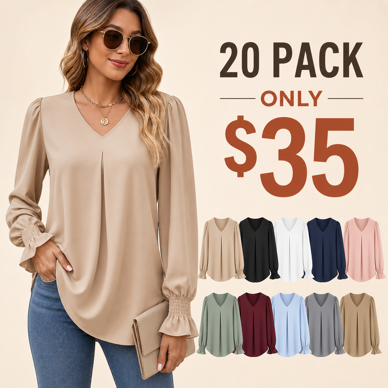 20 pack only 35 dollars women's V-neck pleated sleeve blouse