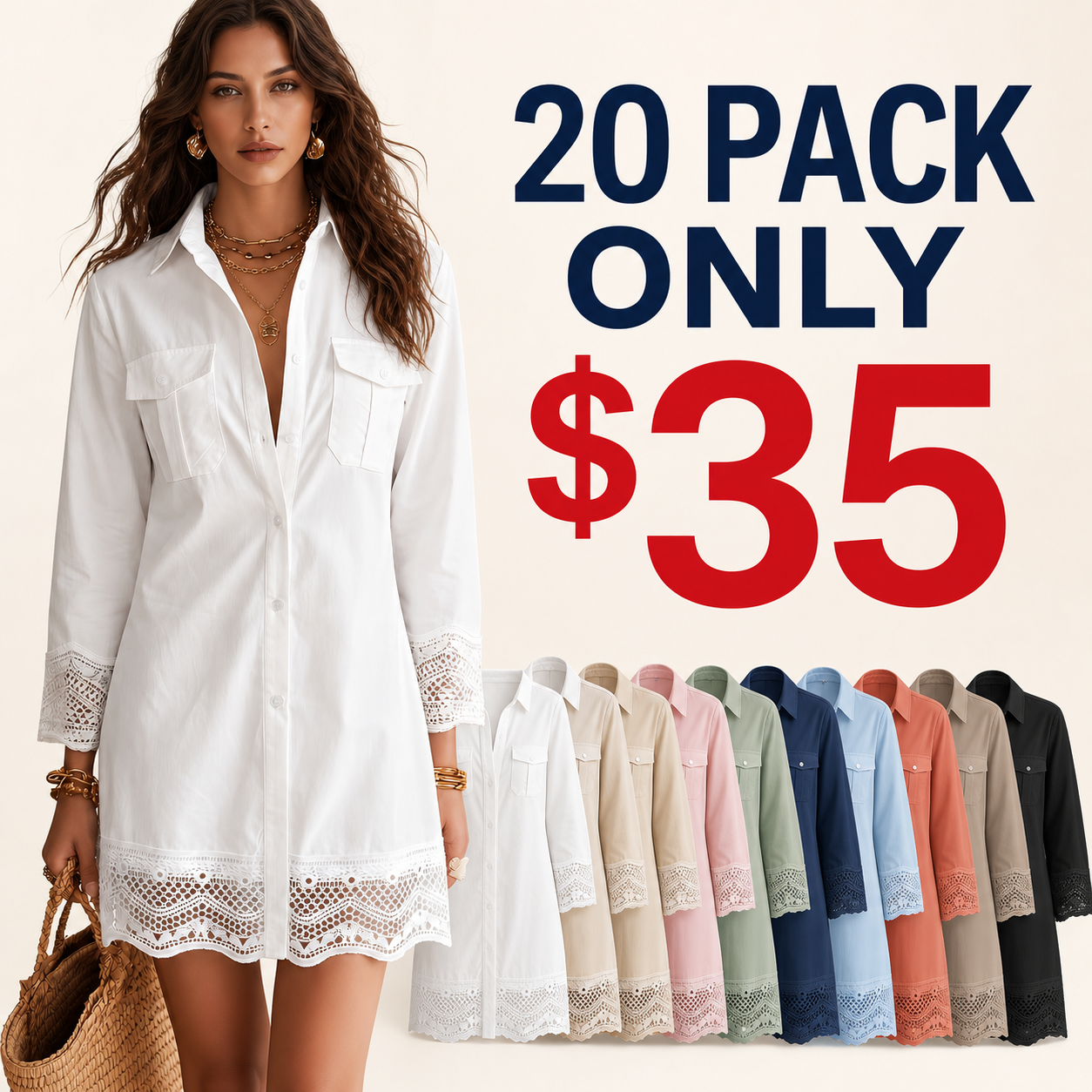 20 pack only 35 dollars women's lace trim button shirt dress