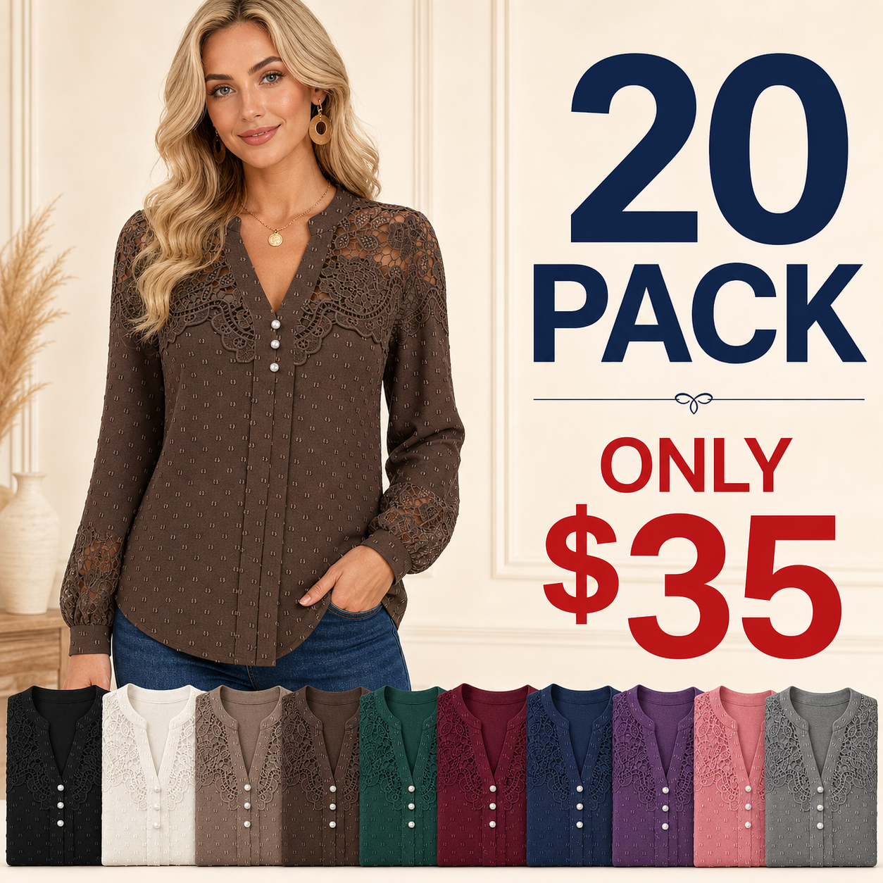20 pack only 35 dollars women's lace v neck blouse