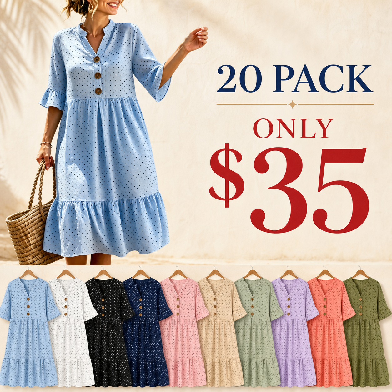 20 pack only 35 dollars women's polka dot tiered beach dress