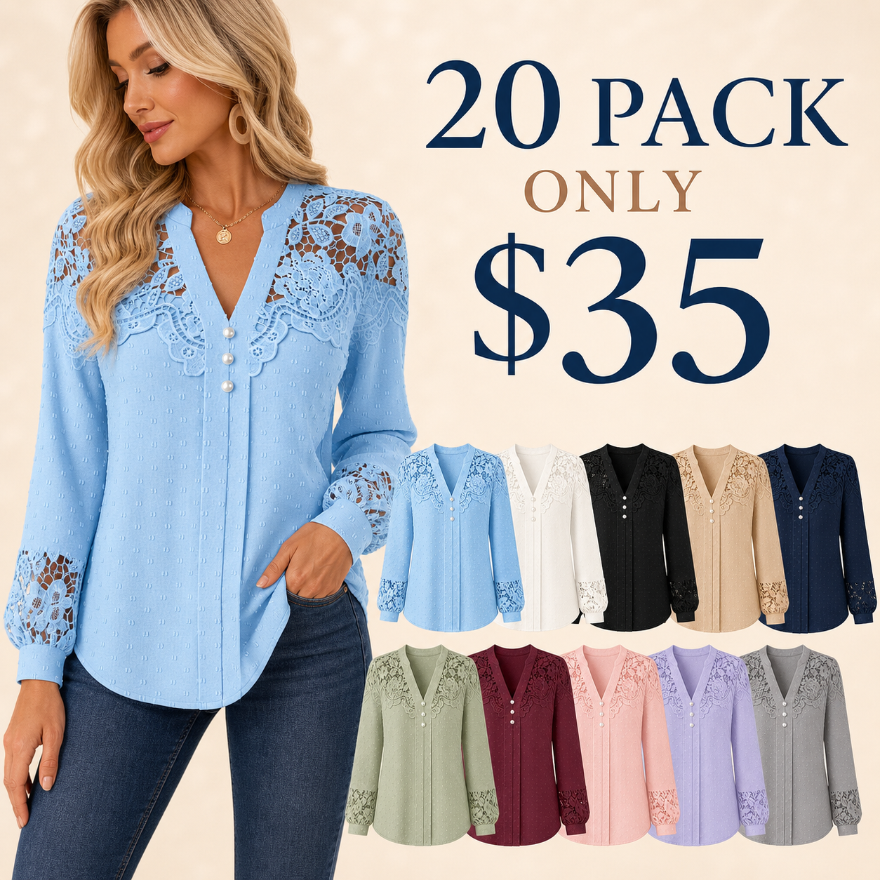 20 pack only 35 dollars women's lace panel Swiss dot blouse