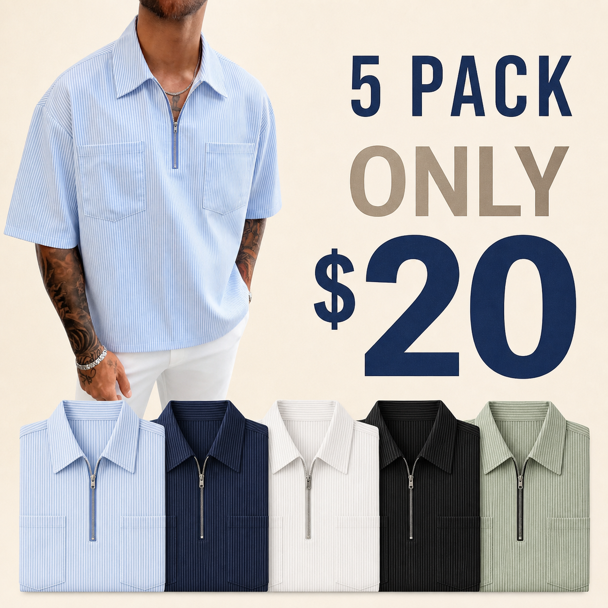 5 pack only 20 dollars men's striped quarter zip shirt