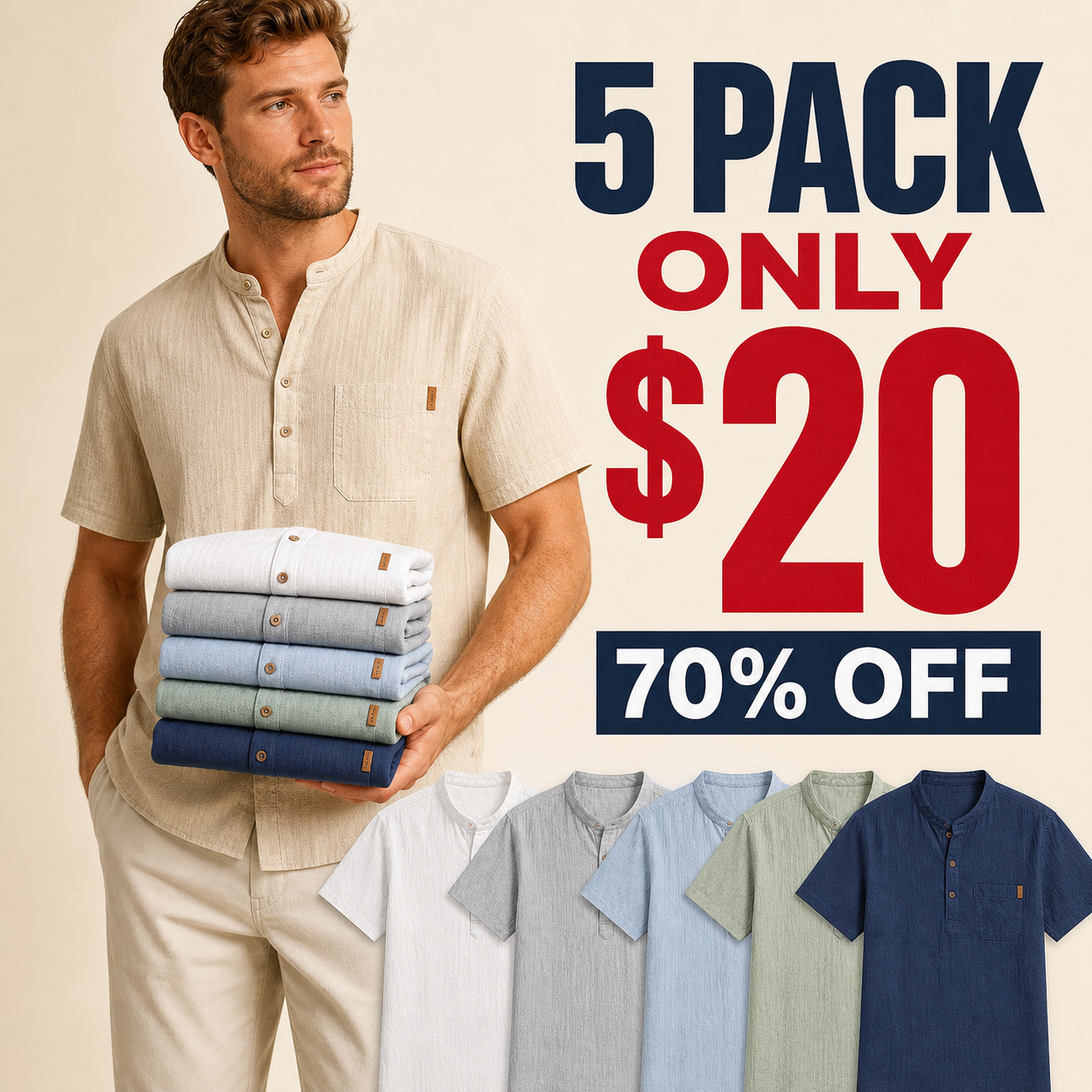 5 pack only 20 dollars men's short sleeve band collar pocket henley shirt