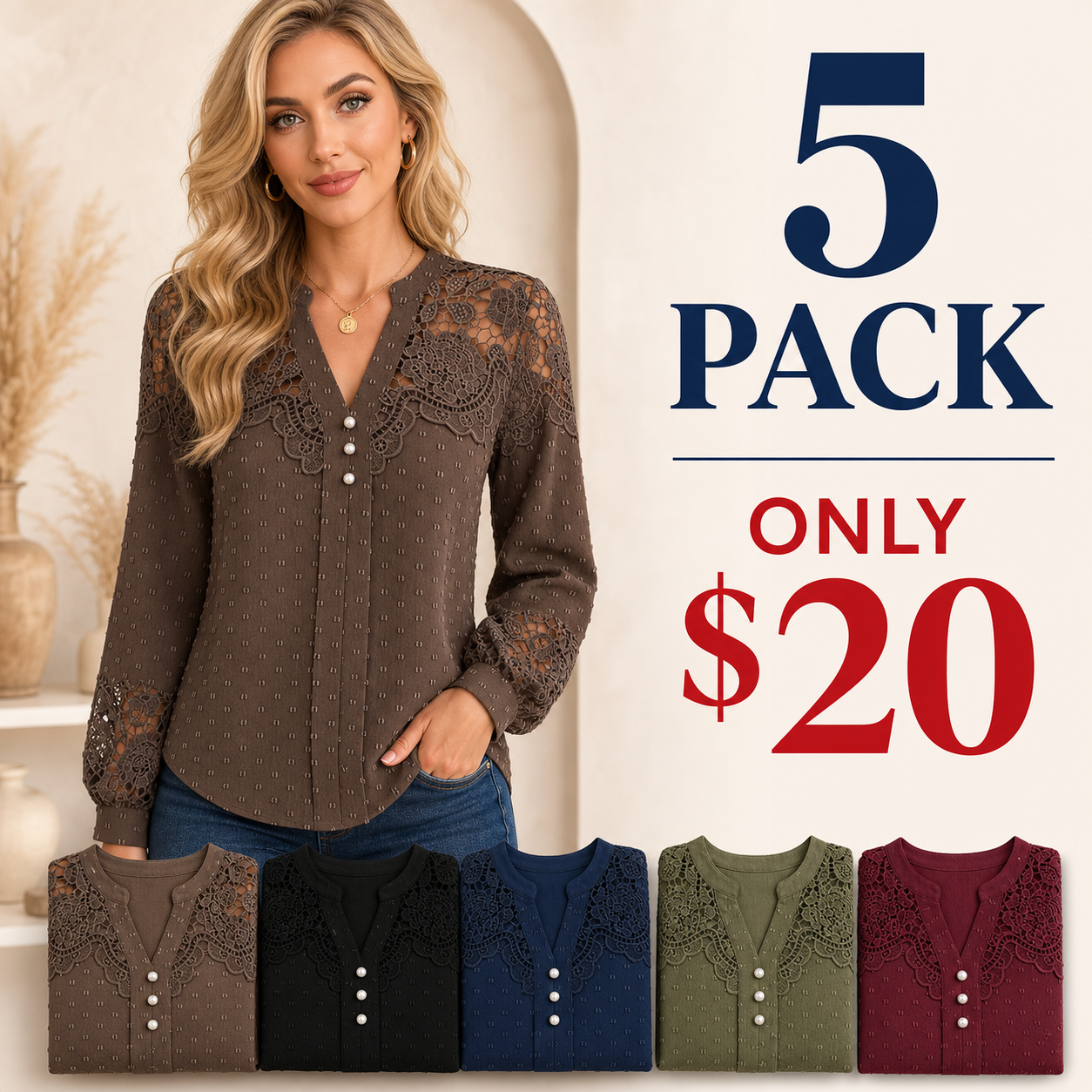 5 pack only 20 dollars women's lace v neck blouse
