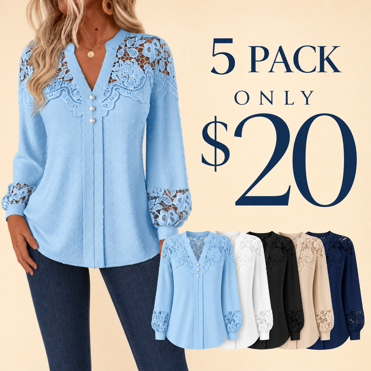 5 pack only 20 dollars women's lace panel Swiss dot blouse