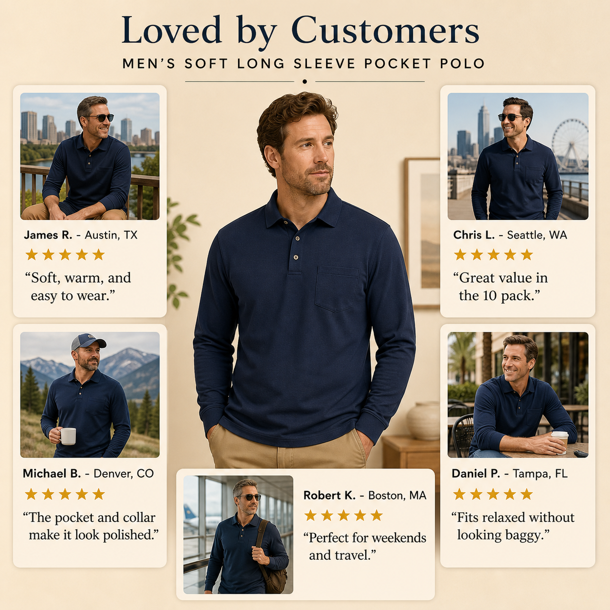Customer reviews mens soft long sleeve pocket polo
