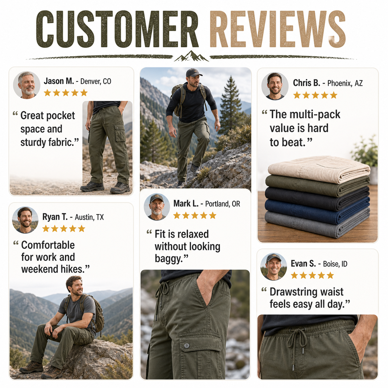 Customer review waterfall for men's outdoor utility cargo pants