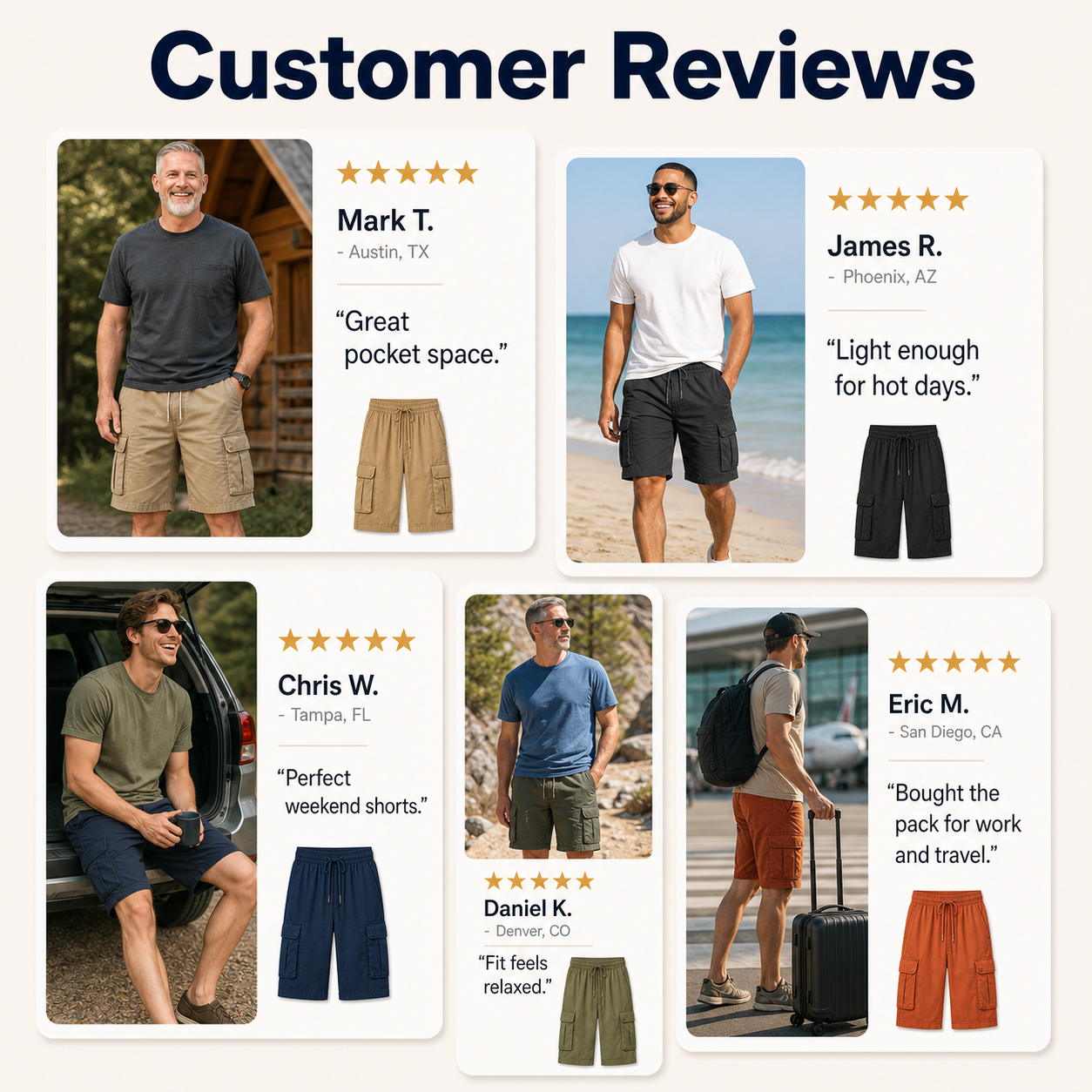 Customer review waterfall for men's utility cargo shorts