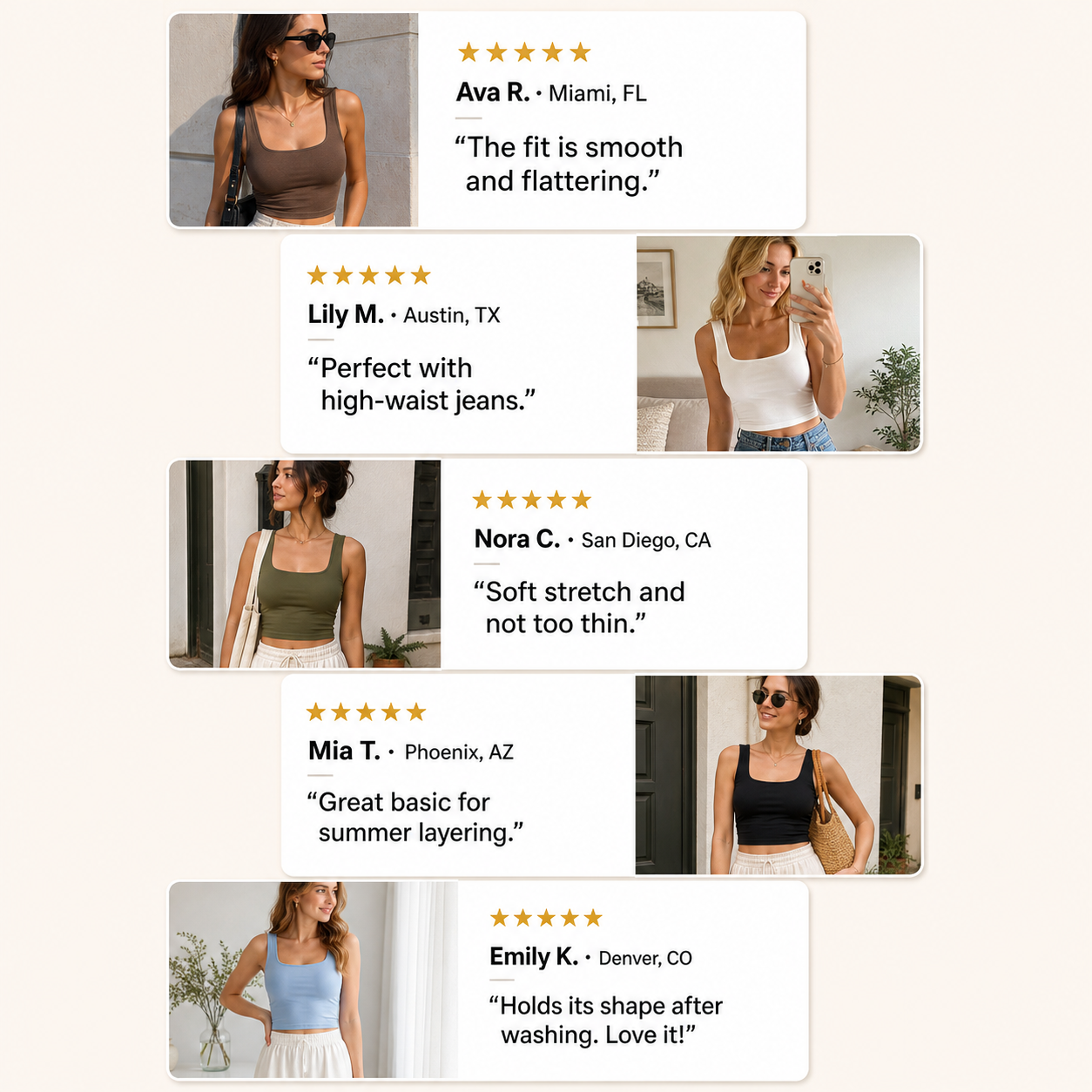 Customer review waterfall for square-neck crop tank