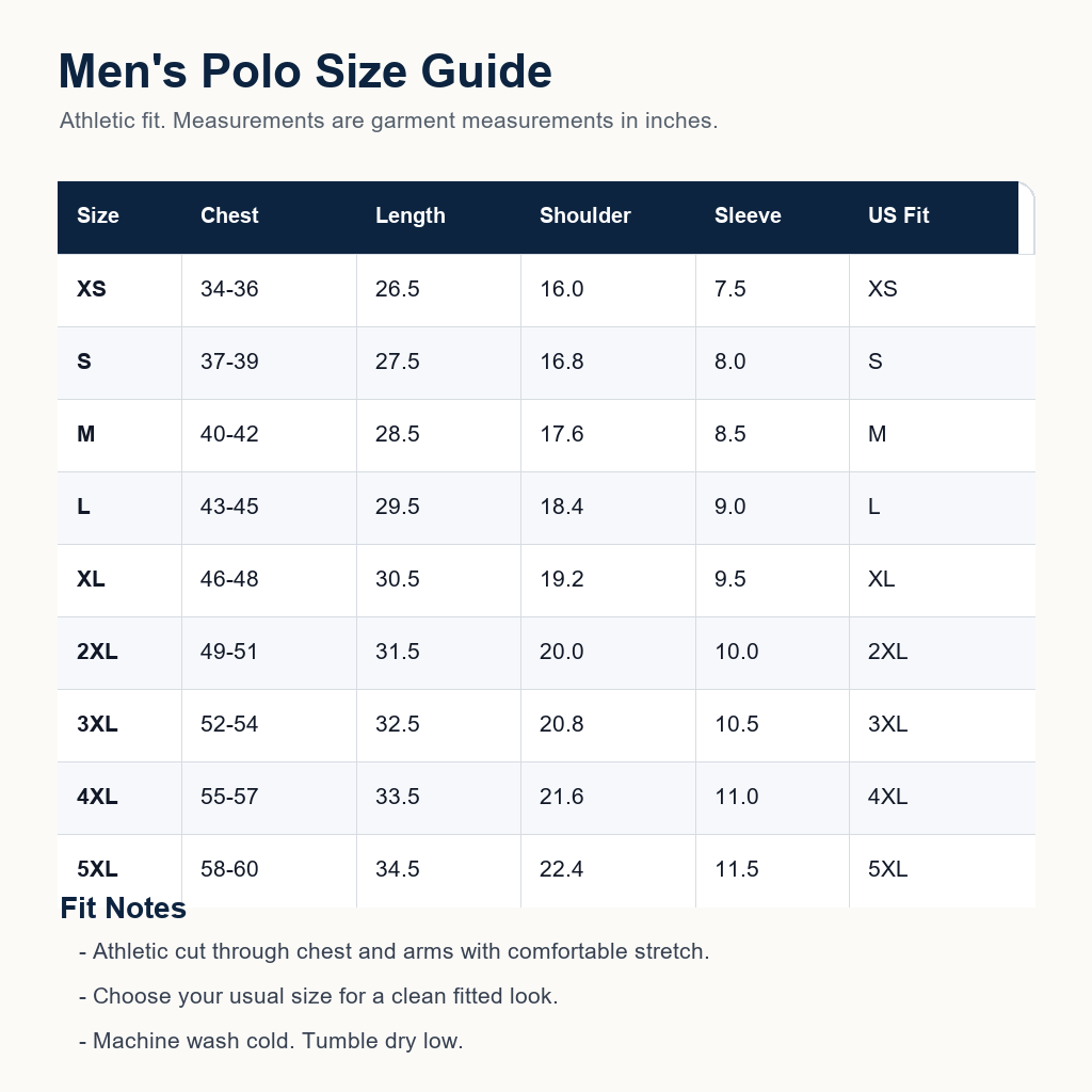 Men's performance sport polo shirt size chart