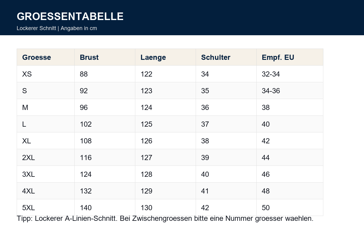 Groessentabelle Damen Leinen Maxikleid mit V-Ausschnitt
