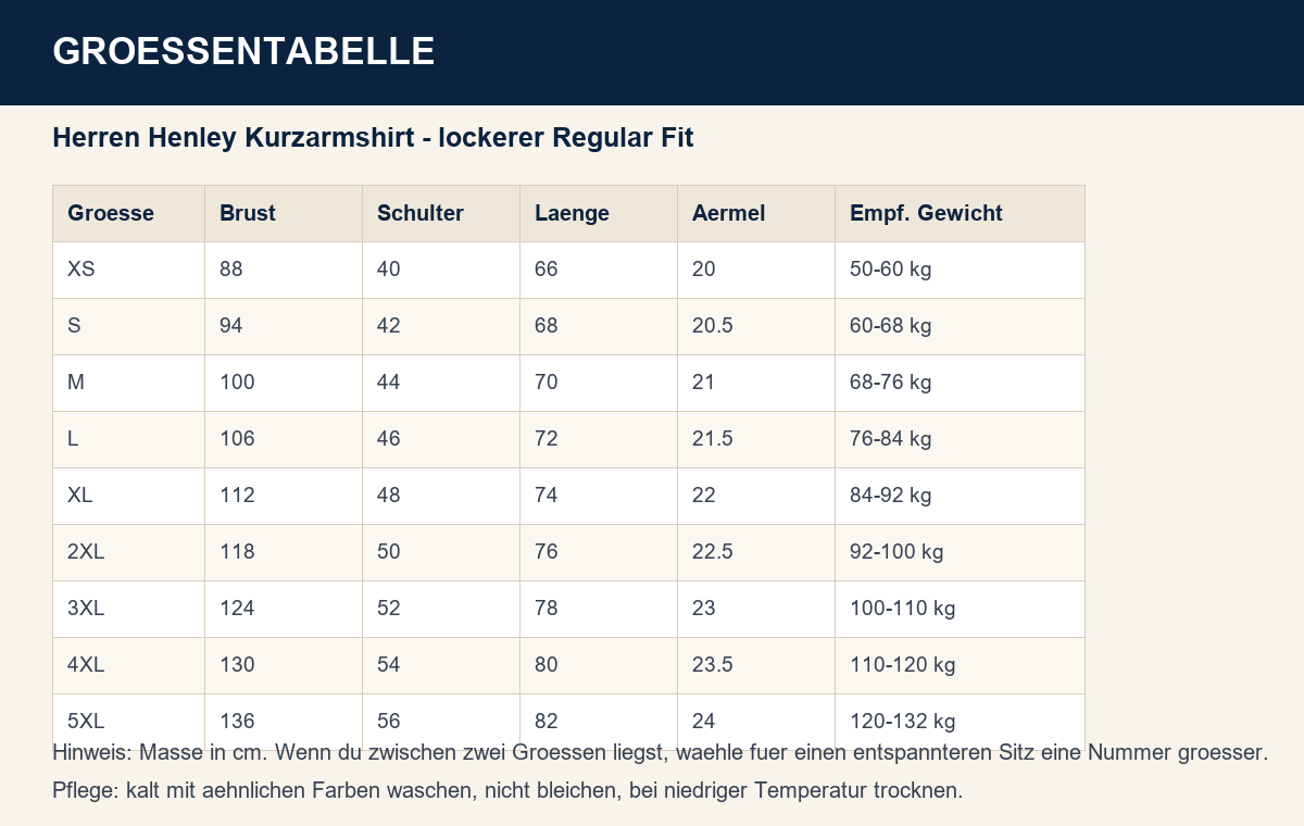 Groessentabelle Herren Henley Kurzarmshirt
