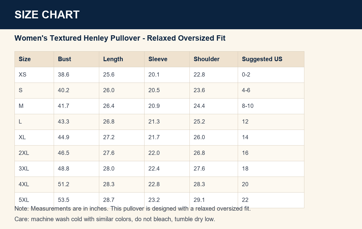 Size chart women's textured henley pullover