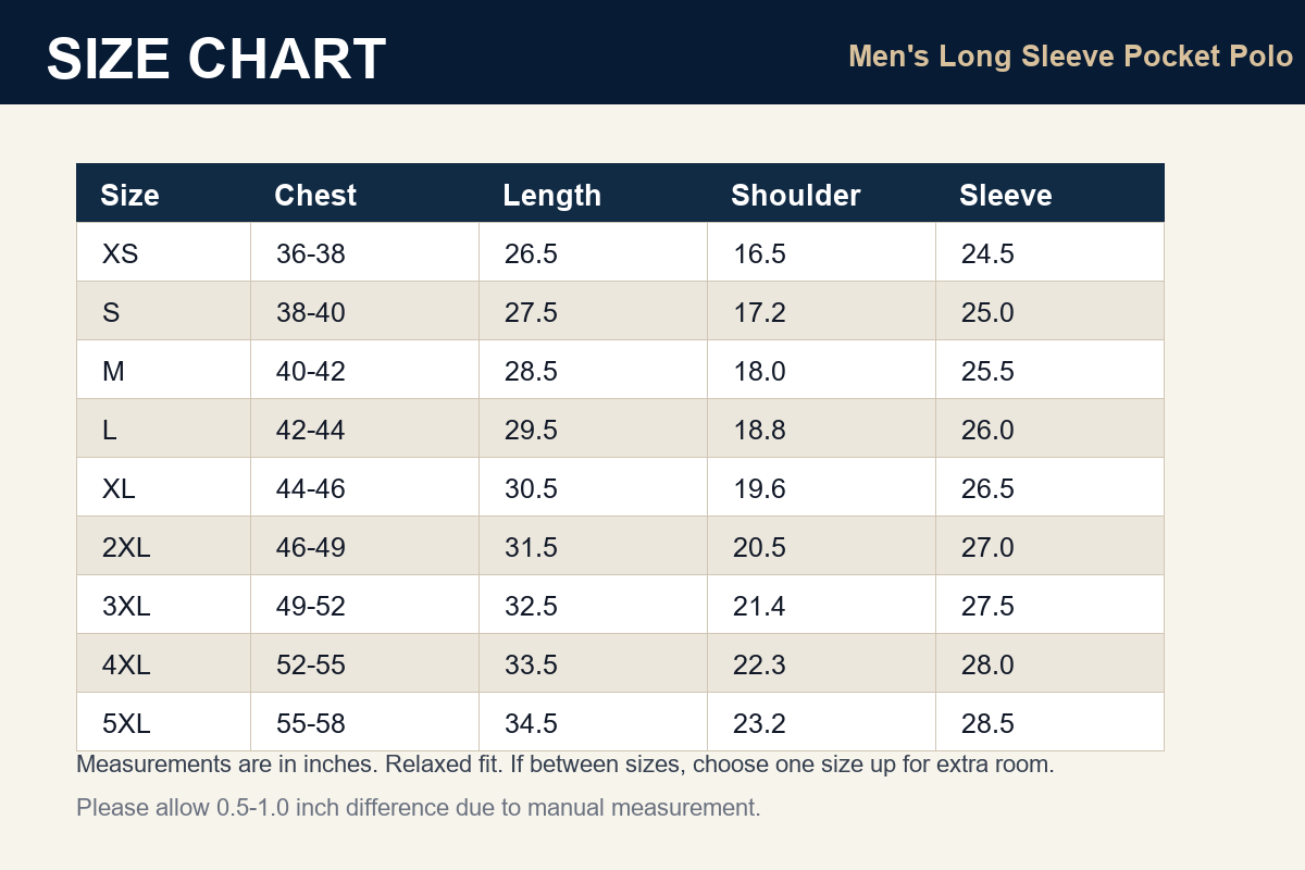 Size chart mens soft long sleeve pocket polo