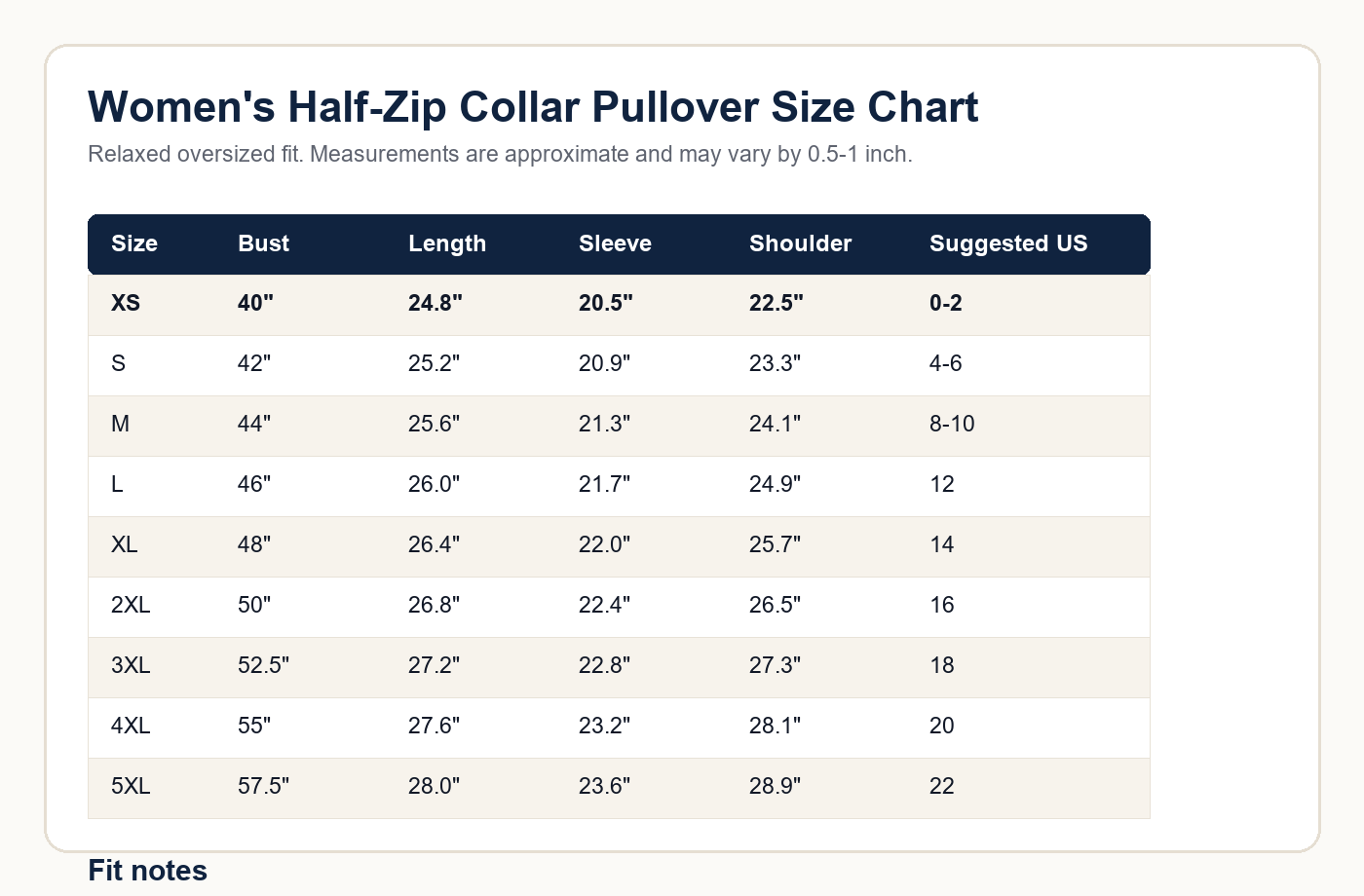 Size chart women's half-zip collar pullover