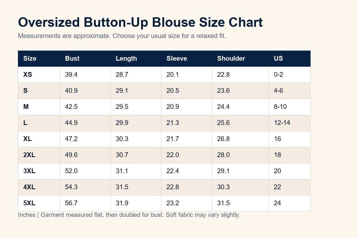 Size chart womens oversized button up blouse