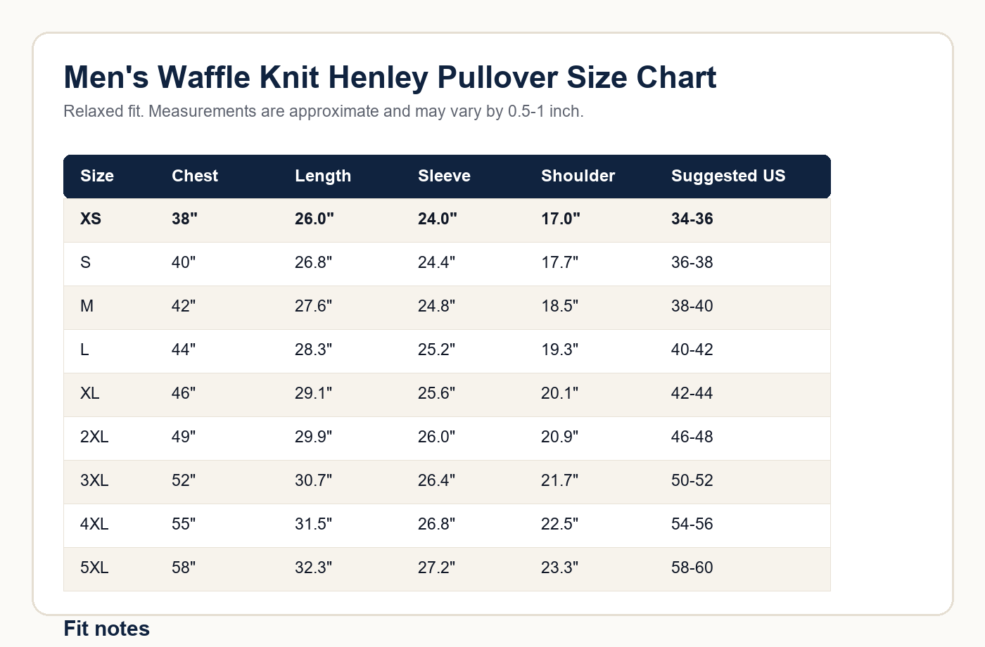 Size chart men's waffle knit henley pullover