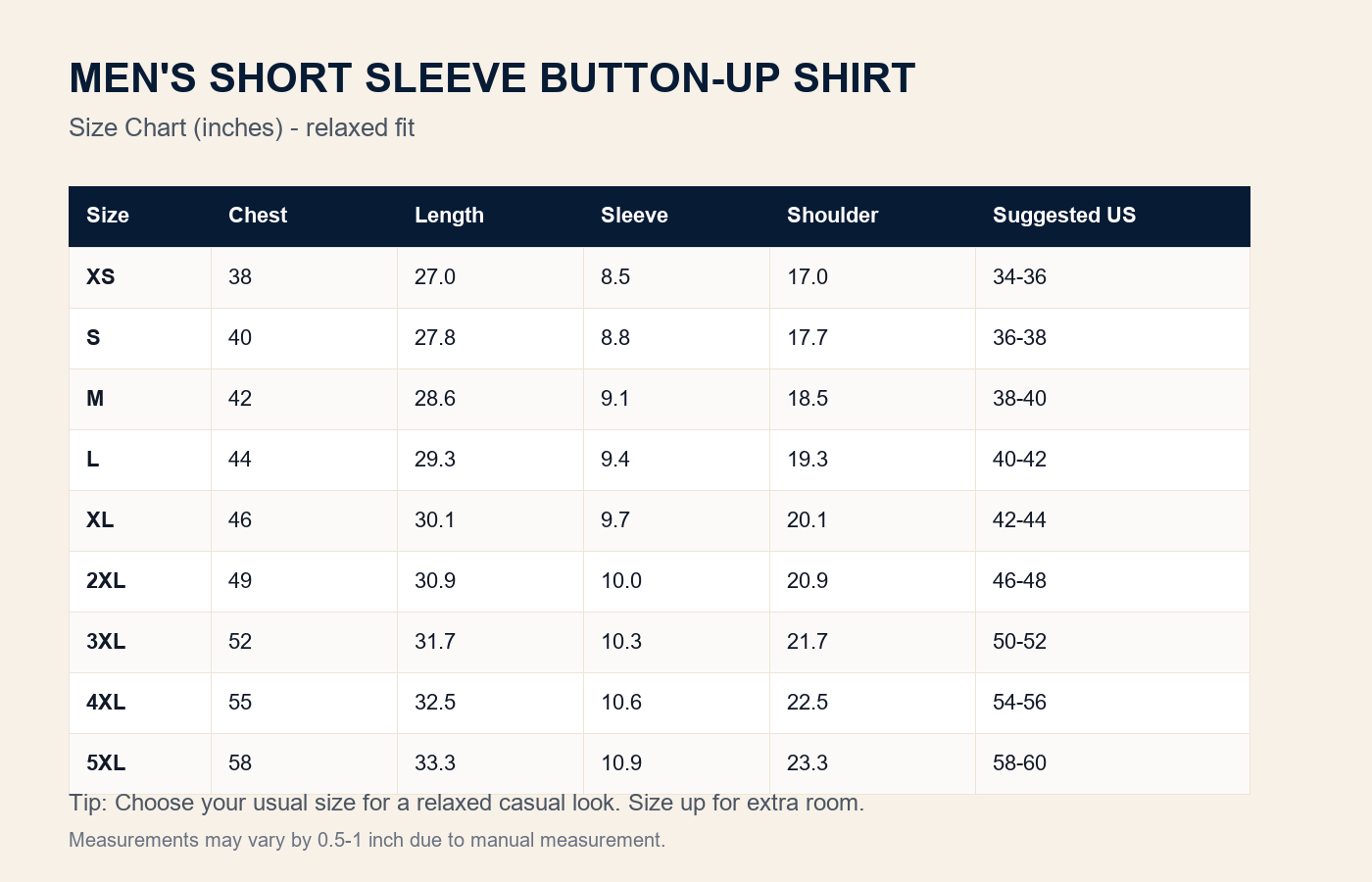 Size chart men's short sleeve button-up shirt