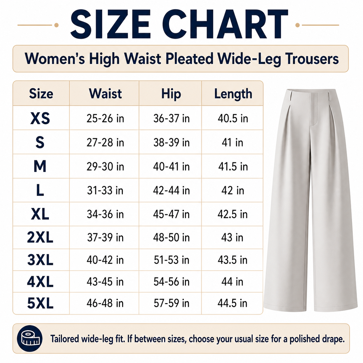 Women's tailored pleated wide-leg trousers size chart