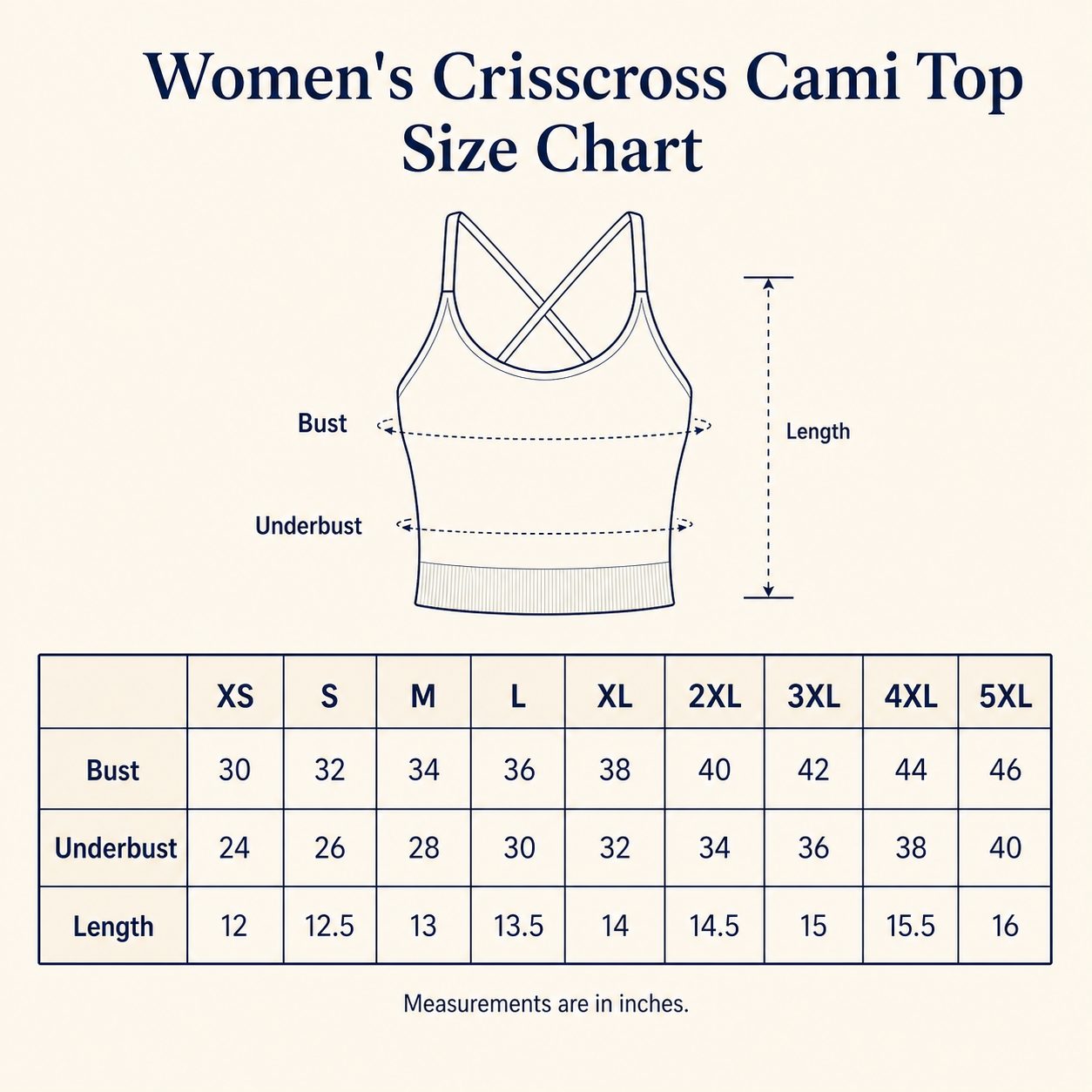 Women's crisscross strappy seamless cami top size chart