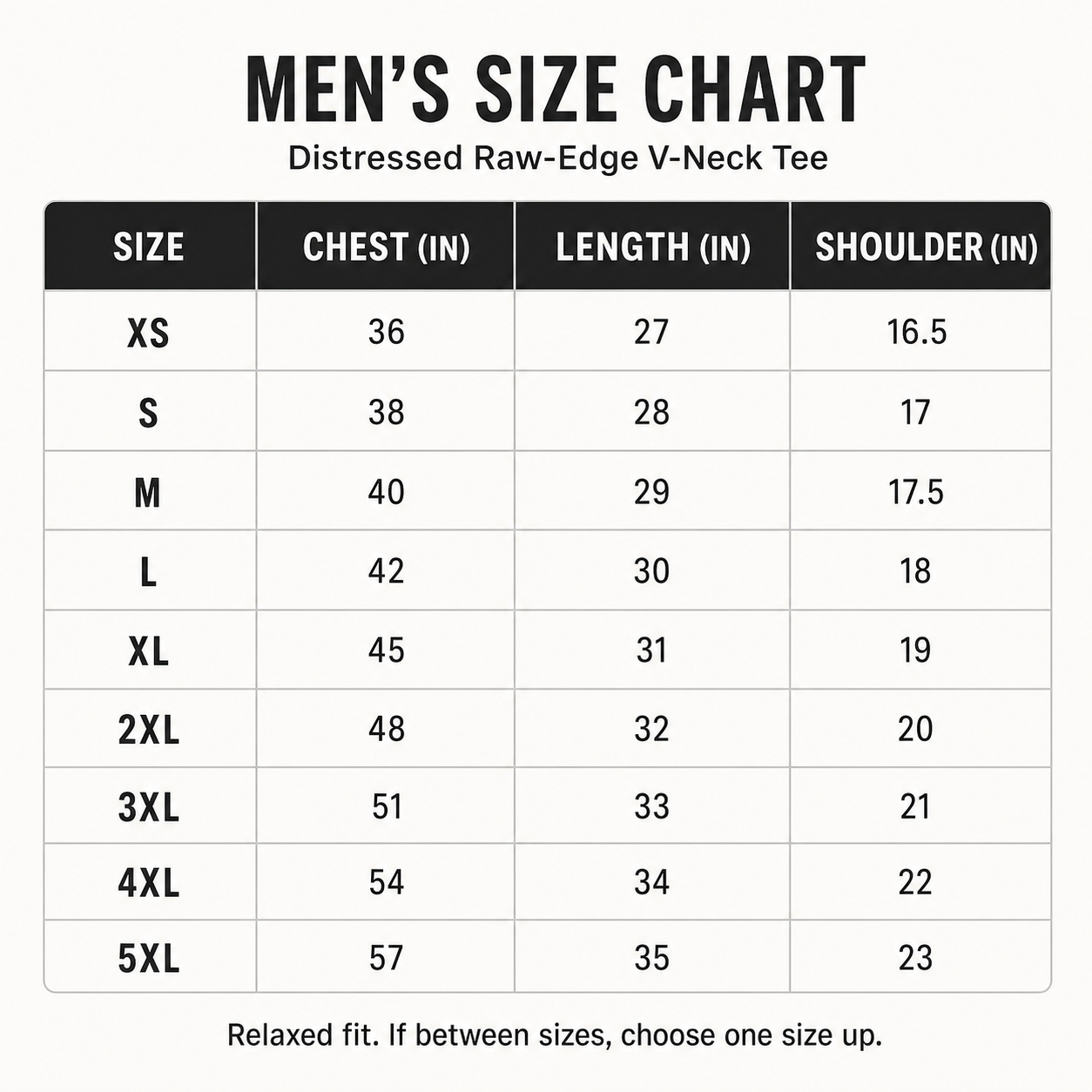 Men's distressed raw-edge V-neck tee size chart