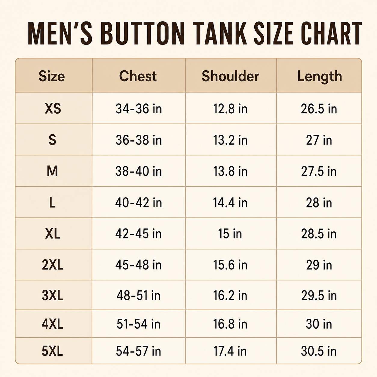 Men's sleeveless button tank size chart