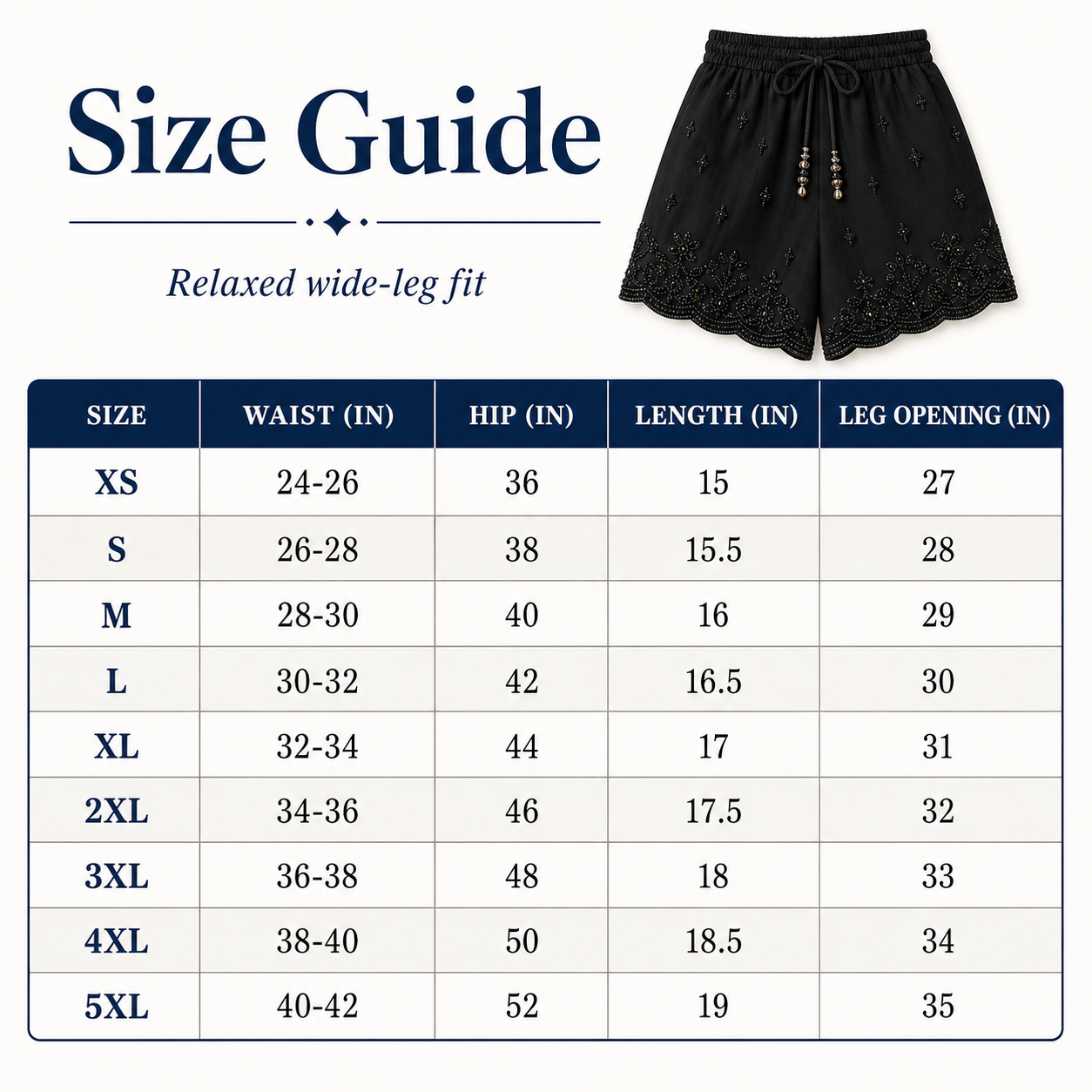 Women's beaded drawstring wide-leg shorts size chart