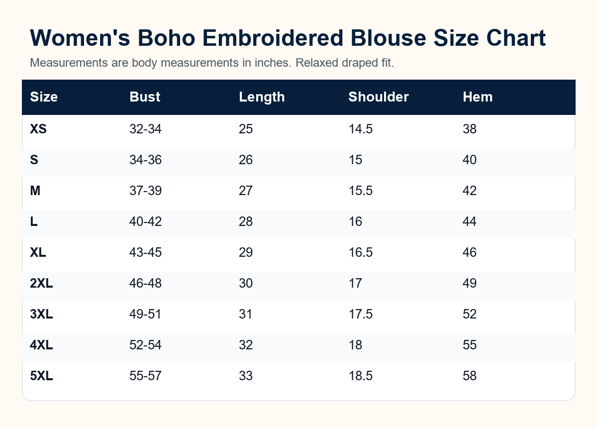 Women's boho embroidered blouse size chart